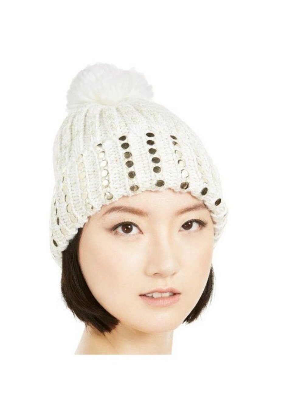 DKNY Flat-Stud Metallic Rib-Knit Beanie Ivory/Gold